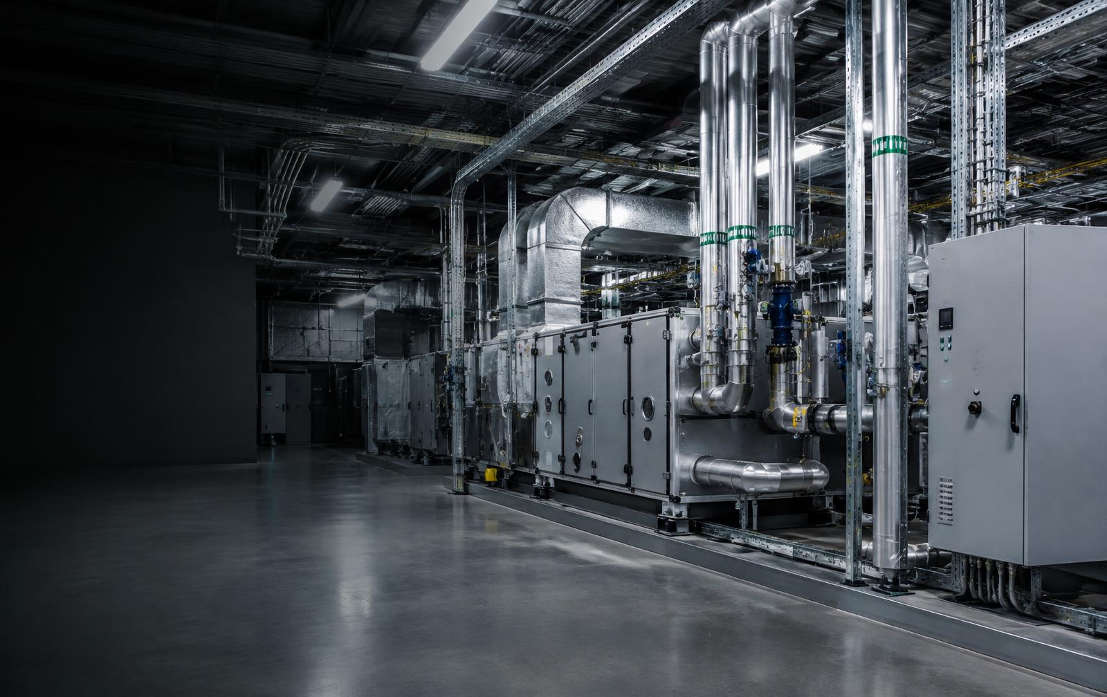 Mechanical plant with air handling equipment, controls, and stainless steel piping